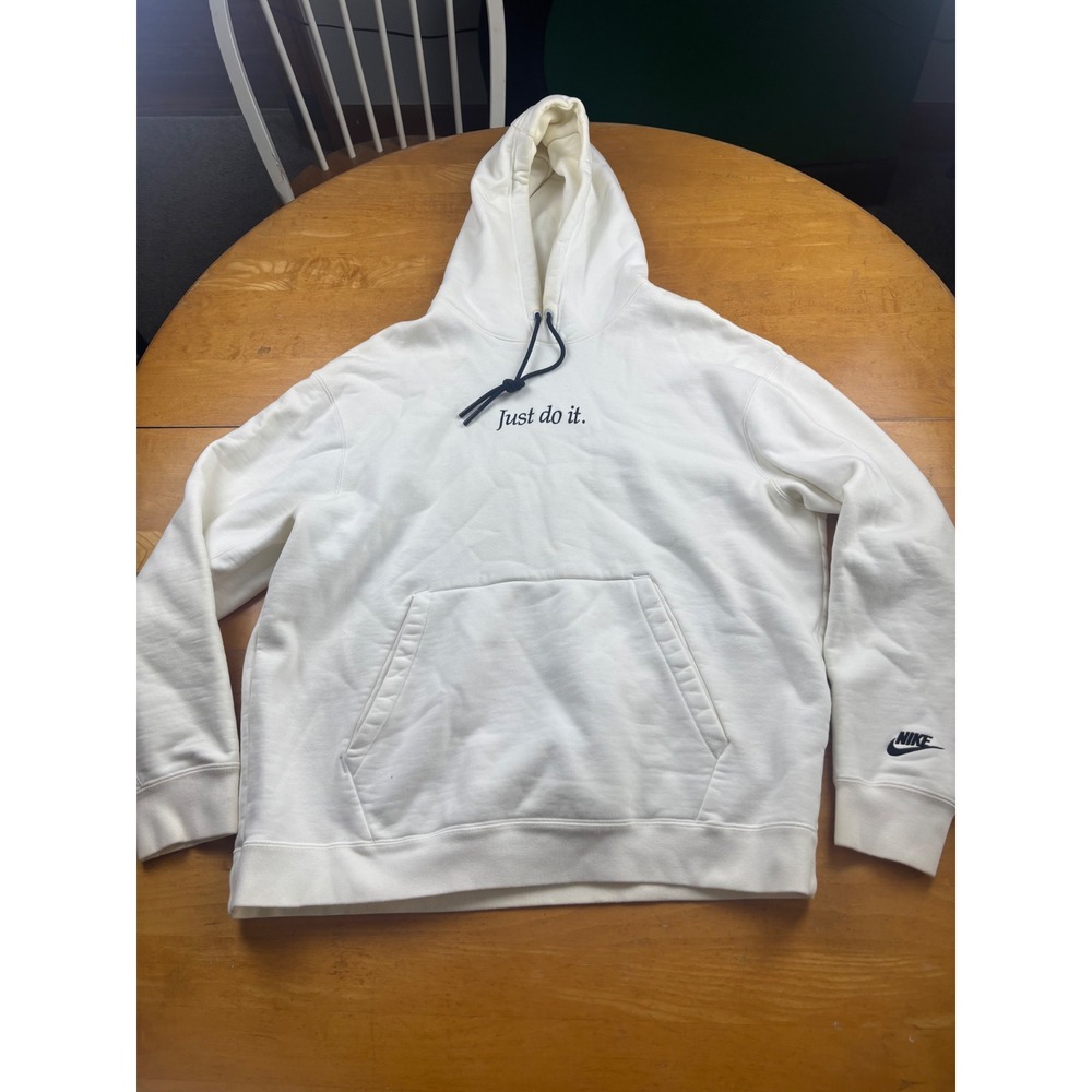 Nike Just Do It Embroidered Hoodie Mens Large White Fleece Pullover Sweatshirt